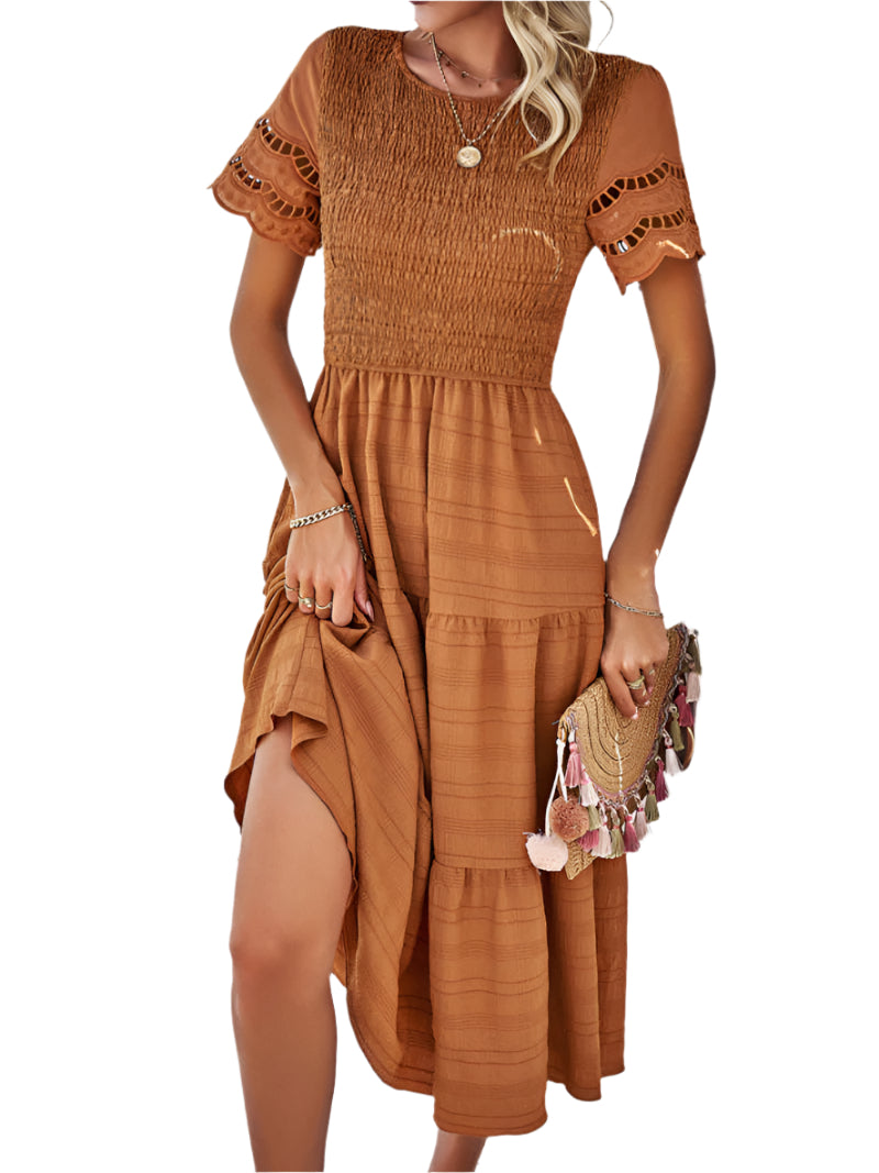Vivienne | Smocked Midi Dress with Lace